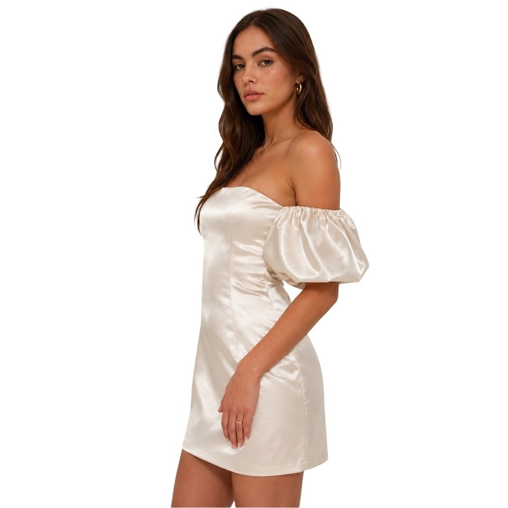 Abercrombie & Fitch Silver Satin Off the Shoulder Puff Sleeve Mini Dress XL